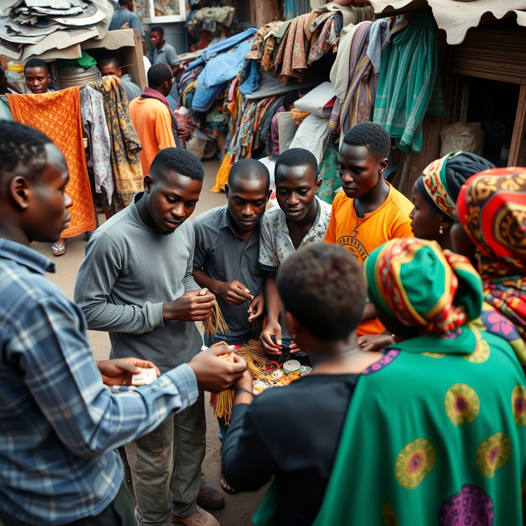Young entrepreneurs collaborating in a marketplace, examining handcrafted products