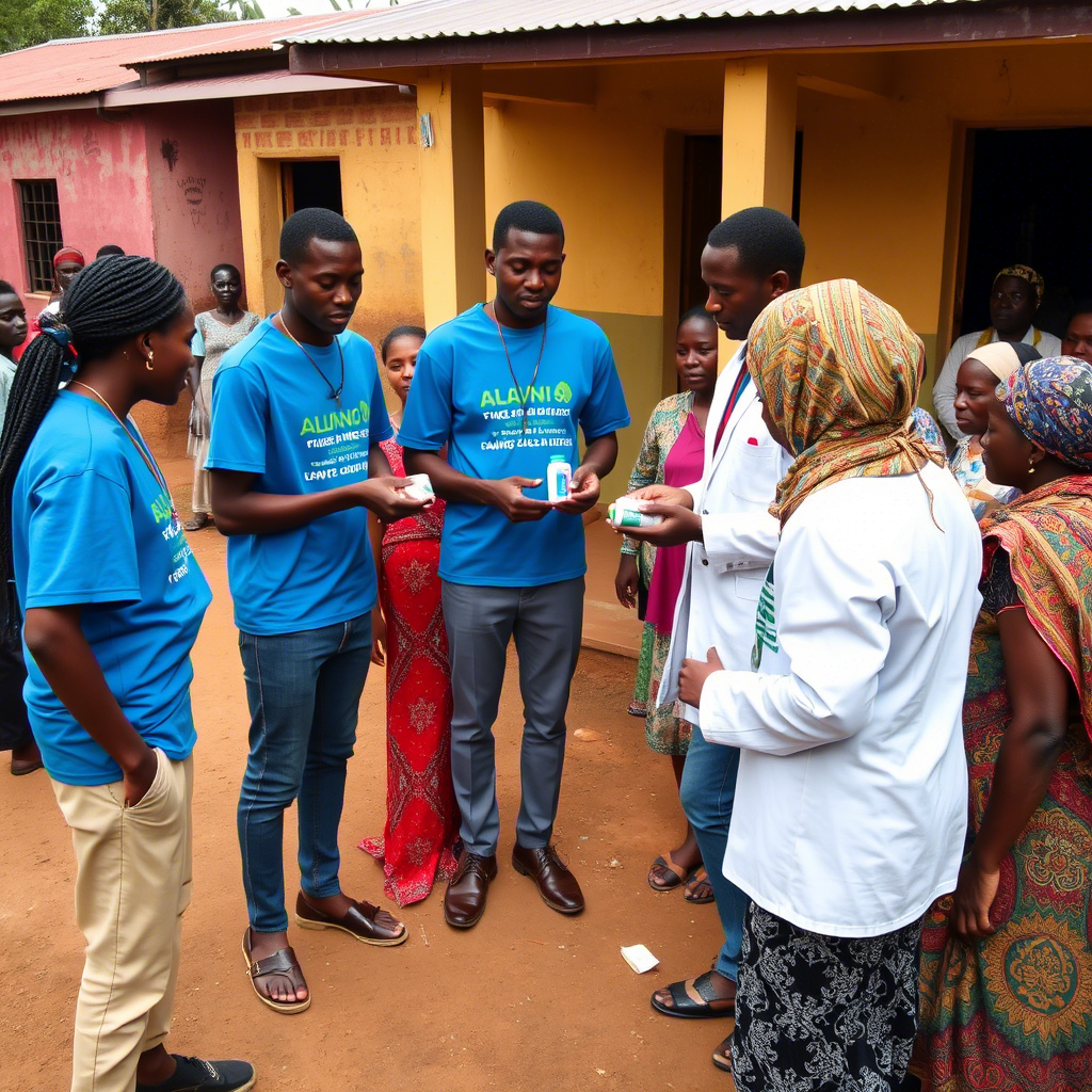 Healthcare workers distributing medical supplies to community members